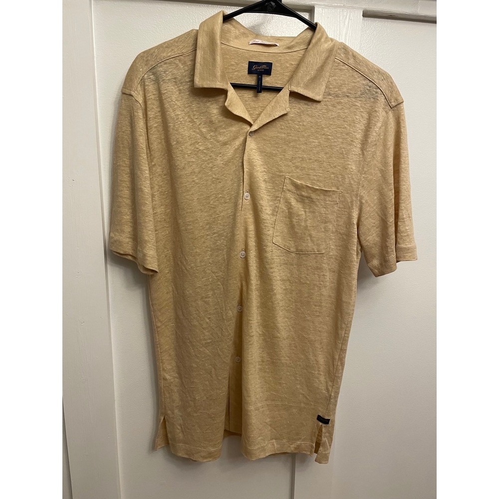 Good Man Brand Linen Shirt Mens Medium Tan GUC Short Sleeve Camp Collar Pocket